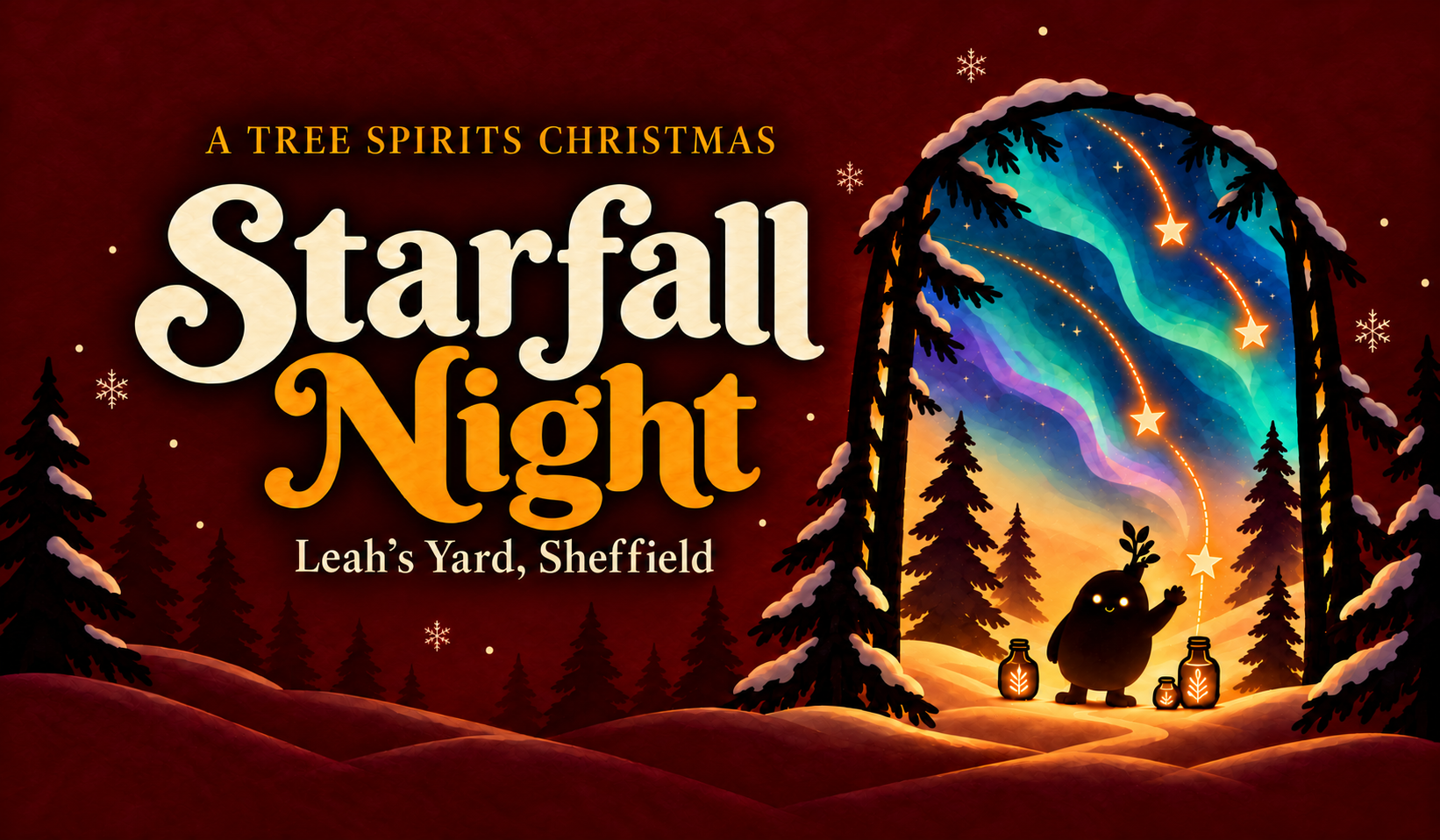 A Tree Spirits Christmas: Starfall Night, with falling stars, aurora and a glowing woodland doorway