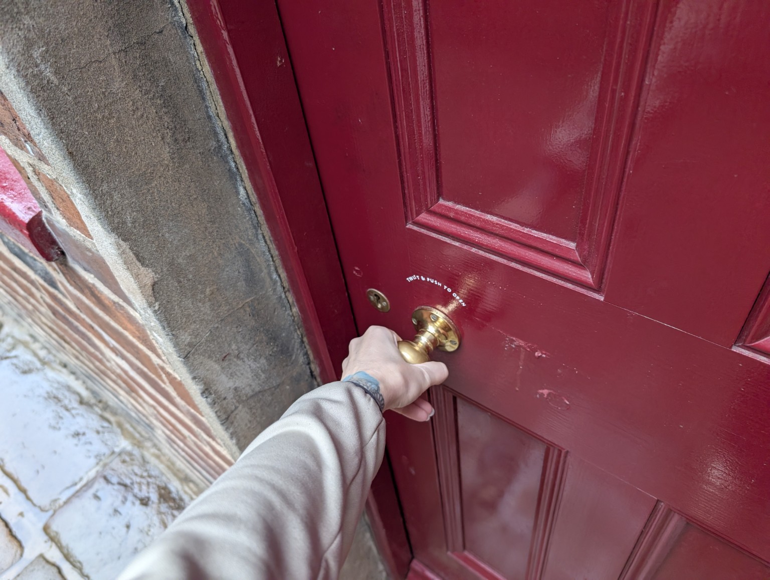Opening the red door at Leah’s Yard.